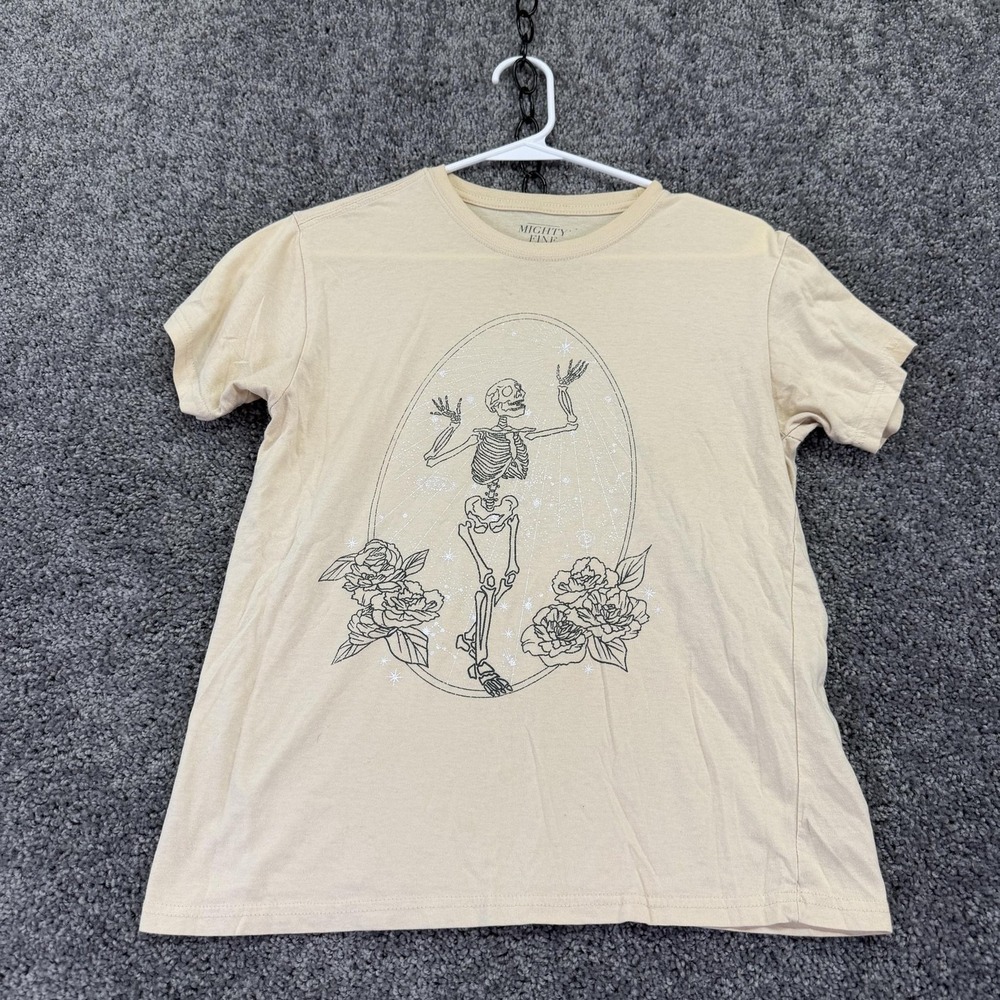 Mighty Fine Shirt Womens S Beige Skeleton Floral Graphic Halloween Gothic Tee